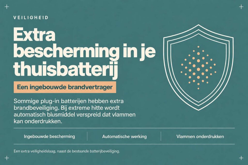 Waarom bevatten sommige plug-in batterijen een interne brandvertrager (aerosol)? 2 Lithium‑batterijen zijn in de basis veilig, maar fabrikanten bouwen extra veiligheidslagen in voor het geval er intern toch iets misgaat. Sommige plug‑in batterijen bevatten daarom een geïntegreerd brandwerend of brandblussend systeem, vaak in de vorm van een aerosol‑capsule.