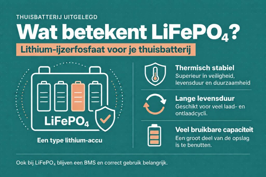 Wat betekent LiFePO4 en waarom is dat belangrijk bij een thuisbatterij? 3 LiFePO₄ staat voor lithium-ijzerfosfaat, een specifiek type lithium-accu. Voor thuisbatterijen heeft dit een paar grote voordelen