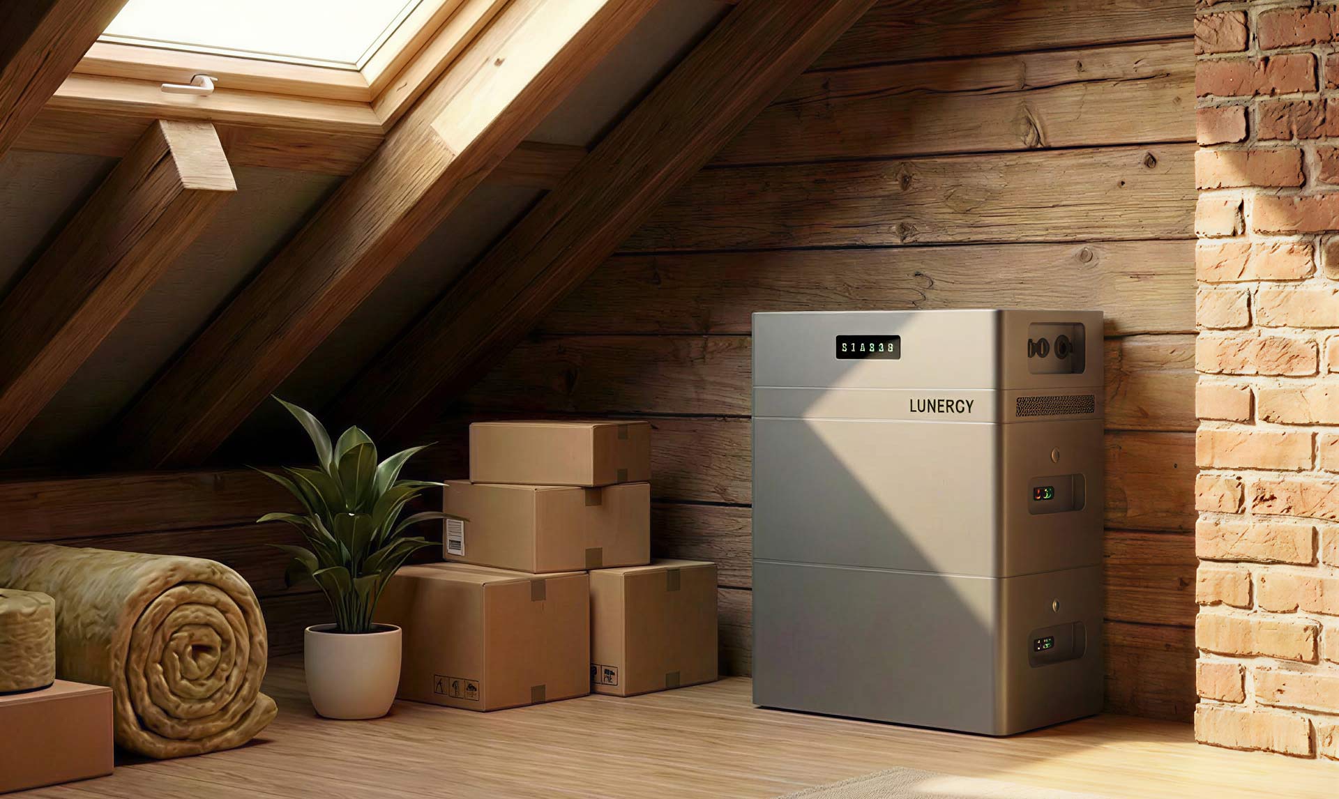 Nieuwe plug-in batterij van Lunergy Hub 2400AC op zolder